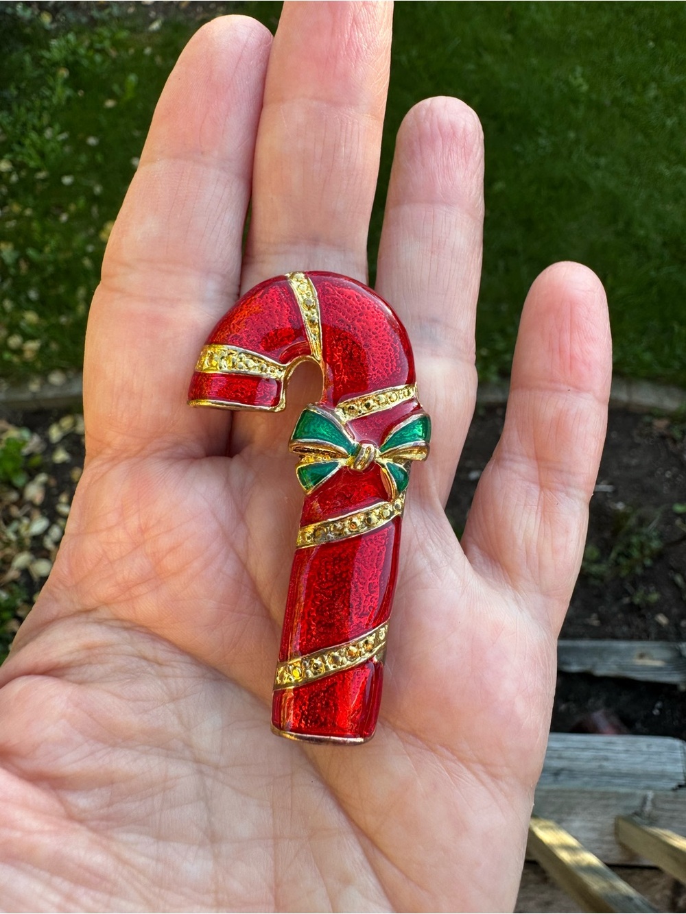 Vintage Red and Green Candy Cane Brooch with Gold Accents